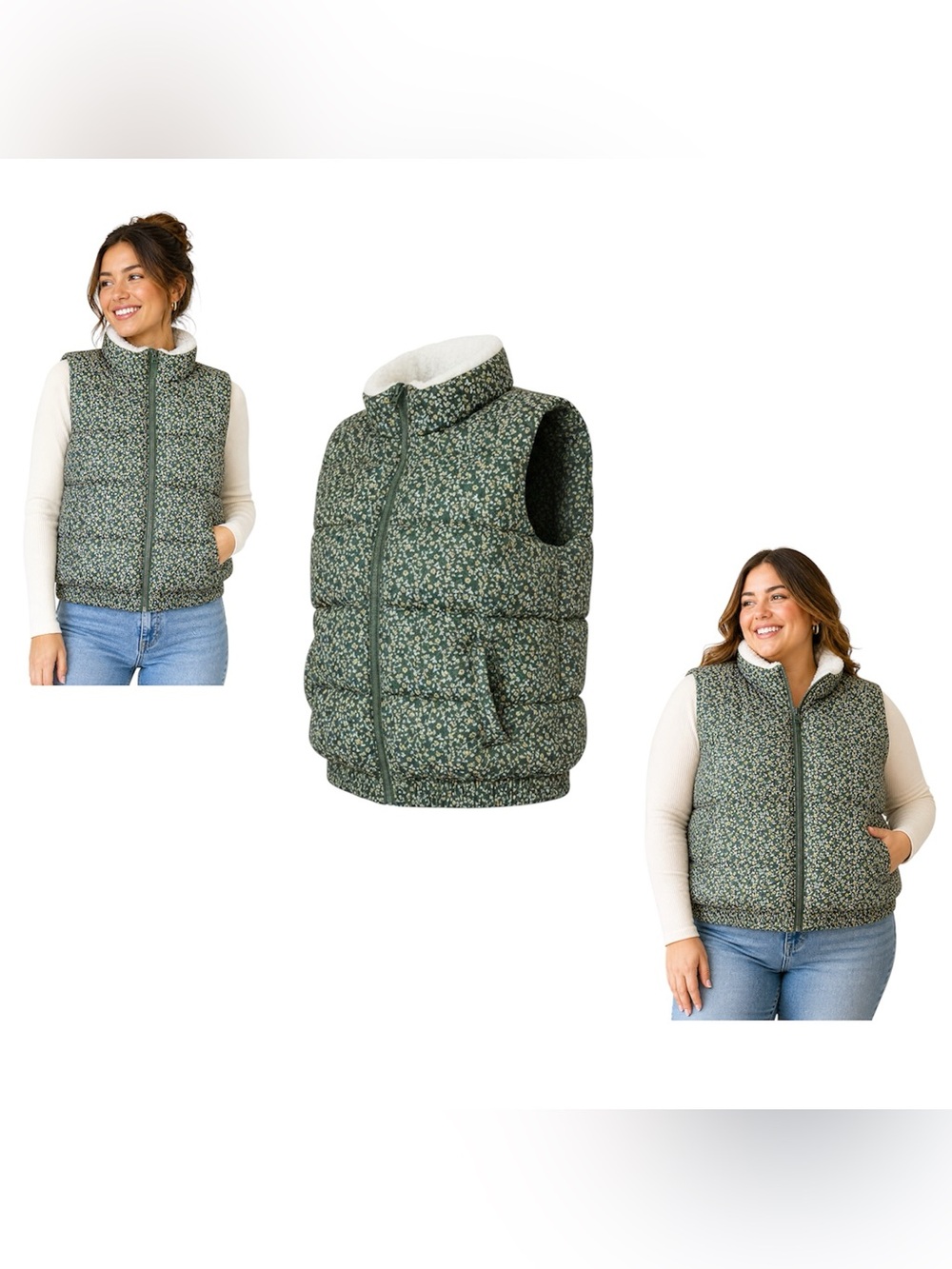 Target Green Floral Quilted Sherpa-Lined Vest